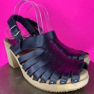 Moheda Linda Black Leather Peep Toe Slingback Wood Clog Heeled Sandal  EU 41